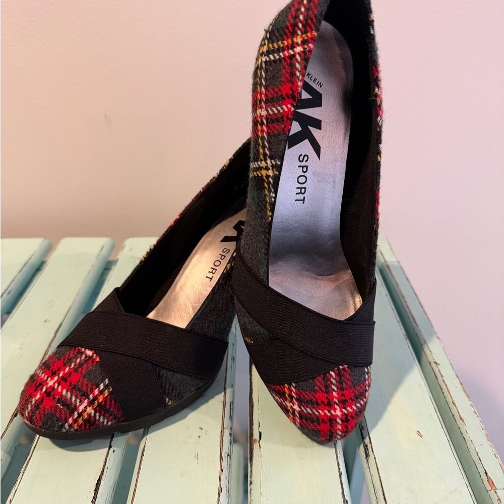 Anne Klein Red and Black Plaid Flats